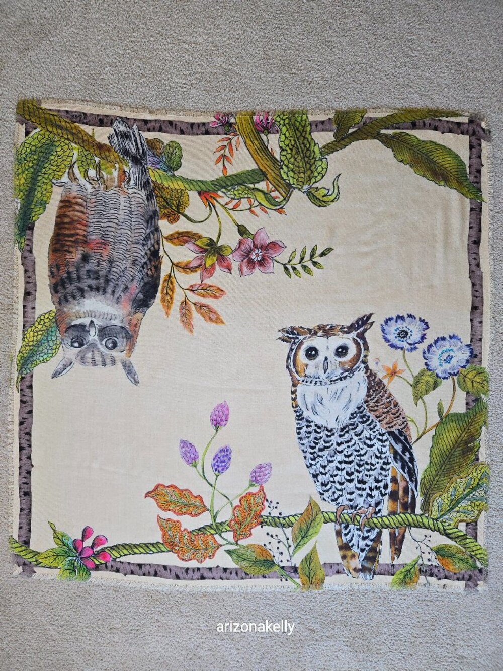 NWOT Echo Wool & Silk Large Square Scarf Owls Hoot Bird - Picture 1 of 9